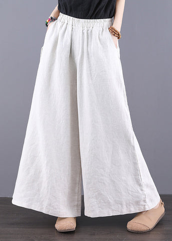Summer Waist Simple Elastic Straight Trousers Linen Pants White FashionChic