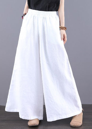 Summer Waist Simple Elastic Straight Trousers Linen Pants White FashionChic