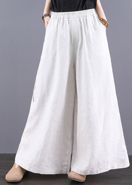 Summer Waist Simple Elastic Straight Trousers Linen Pants White FashionChic