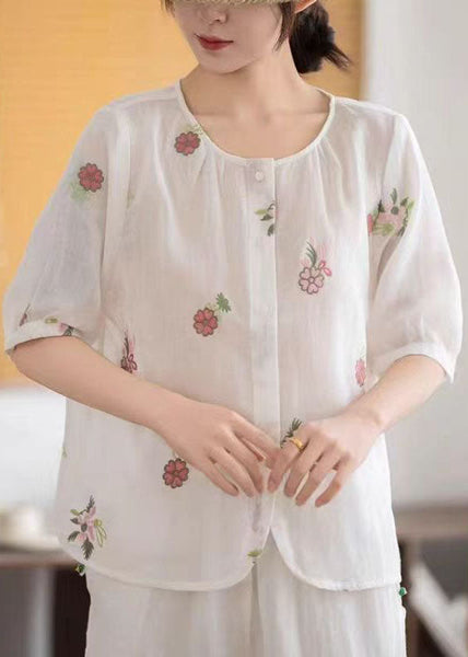 Embroidered White Linen Sleeve Simple Half Shirt FashionChic
