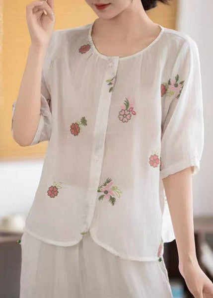 Embroidered White Linen Sleeve Simple Half Shirt FashionChic