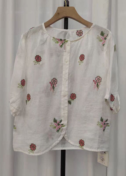 Embroidered White Linen Sleeve Simple Half Shirt FashionChic