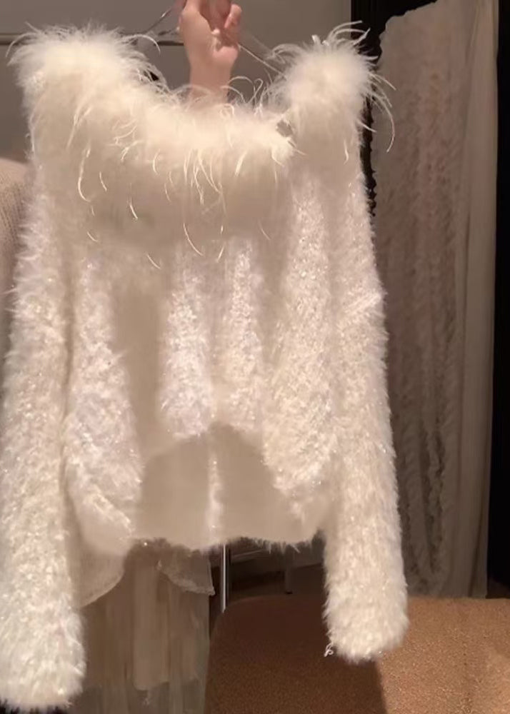 Simple White Fur Collar Cozy Solid Knit Sweater Spring YZ070 ABC