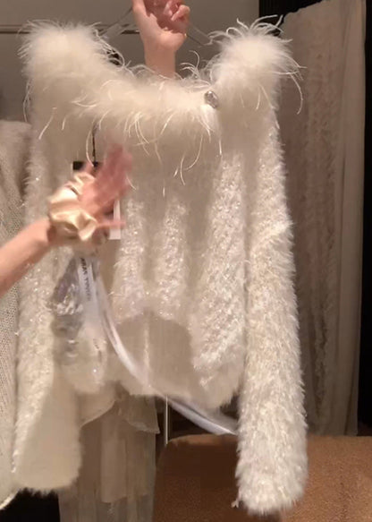 Simple White Fur Collar Cozy Solid Knit Sweater Spring YZ070 ABC