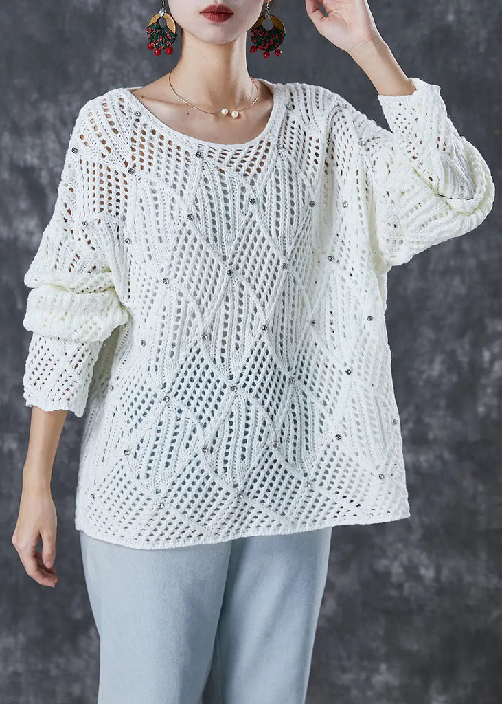 Simple White Hollow Out Zircon Knit Tops Fall Ada Fashion