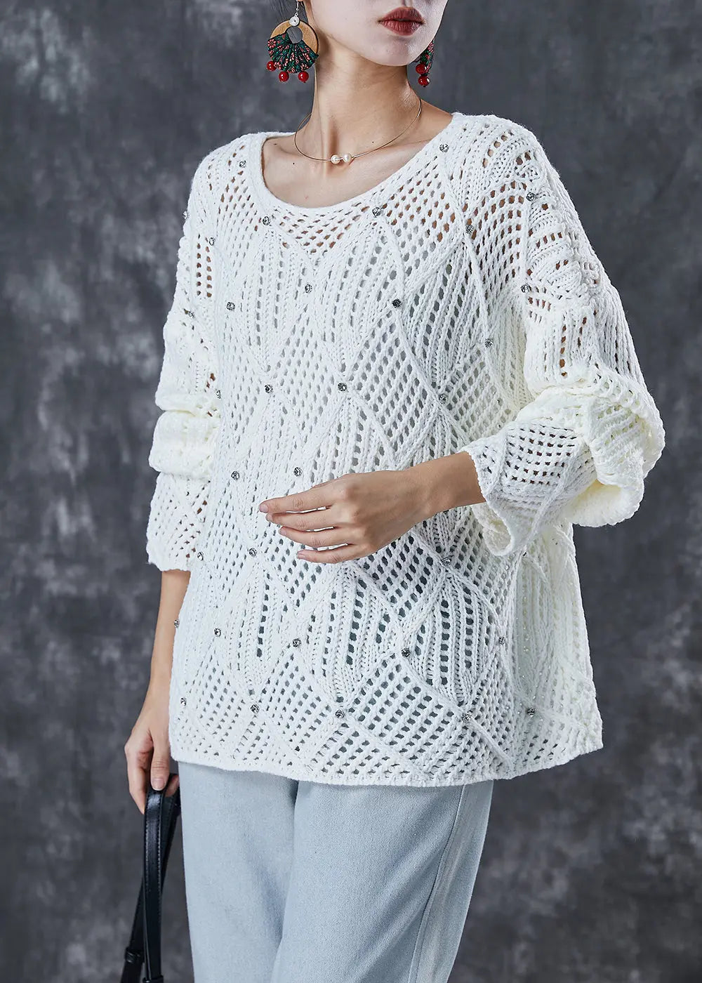 Simple White Hollow Out Zircon Knit Tops Fall Ada Fashion