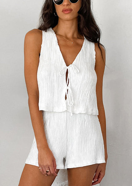 Simple White Lace Up Cotton Tops And Shorts Two Pieces Set Sleeveless BB053 Hawaii-TPIEC240622