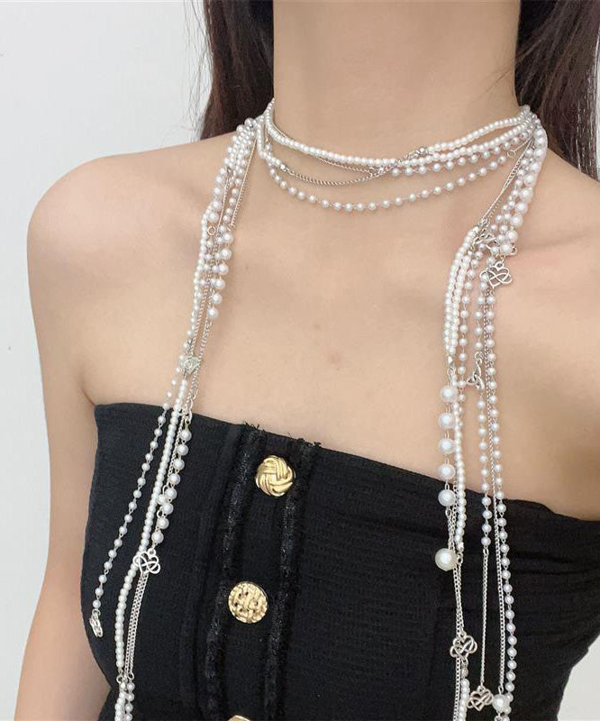 Simple White Metal Pearl Tassel Multilayer Gratuated Bead Necklace WO006 JEW-NLC241109