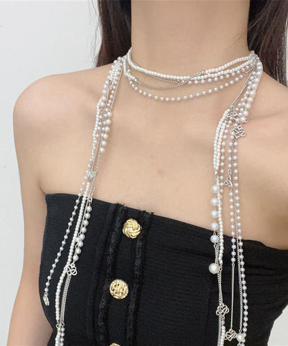 Simple White Metal Pearl Tassel Multilayer Gratuated Bead Necklace WO006 JEW-NLC241109