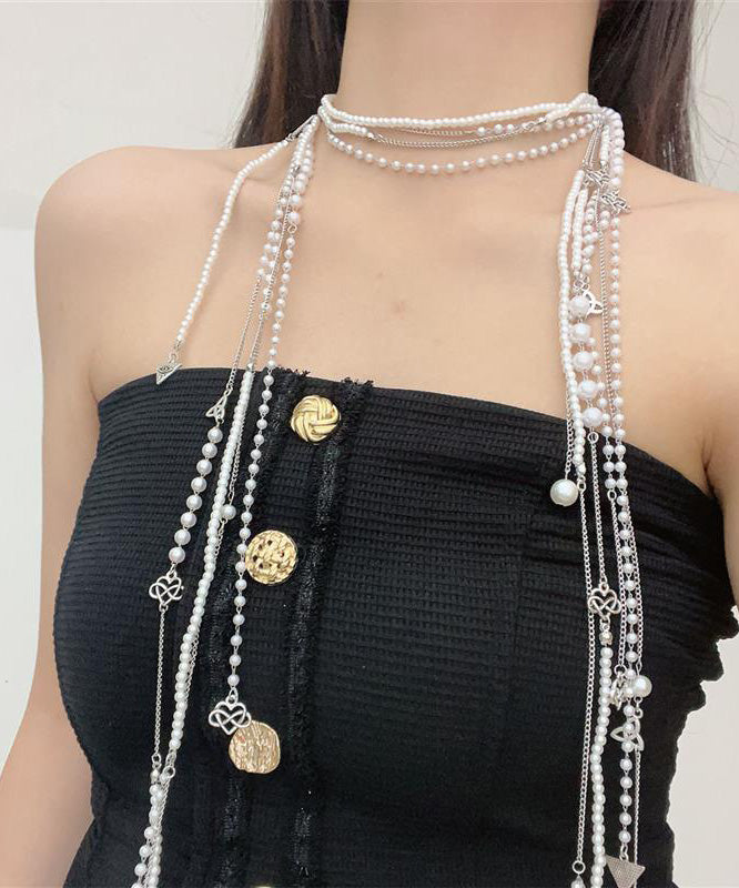 Simple White Metal Pearl Tassel Multilayer Gratuated Bead Necklace WO006 JEW-NLC241109