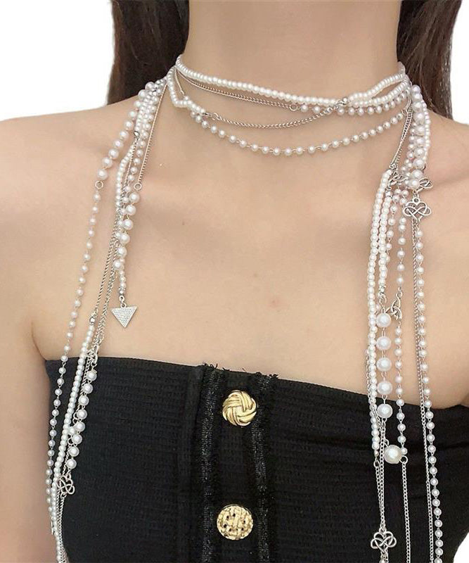 Simple White Metal Pearl Tassel Multilayer Gratuated Bead Necklace WO006 JEW-NLC241109