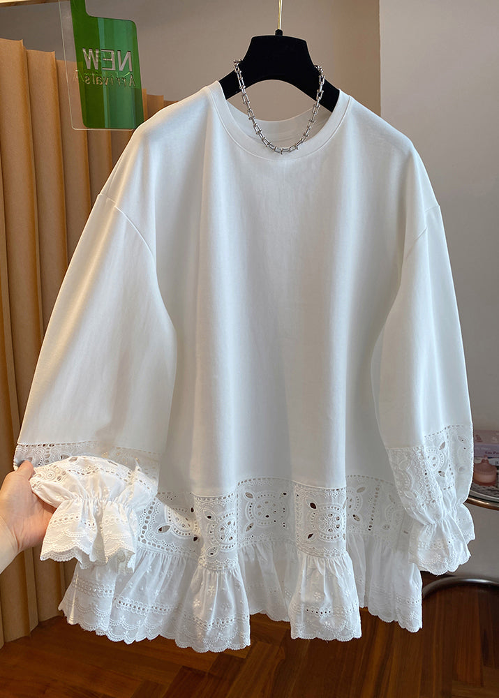 Simple White O Neck Hollow Out Lace Patchwork Cotton Top Spring YF003 ABC