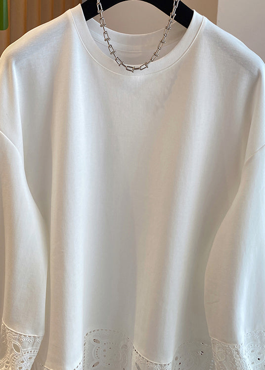 Simple White O Neck Hollow Out Lace Patchwork Cotton Top Spring YF003 ABC