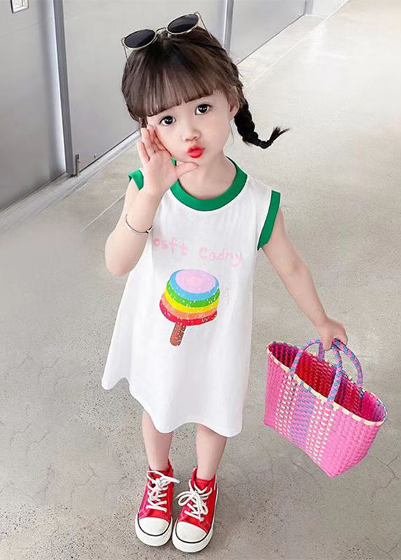 Simple White O Neck Print Cotton Girls T Shirt Dress Sleeveless TT017 MM-RCTZSDGM240816