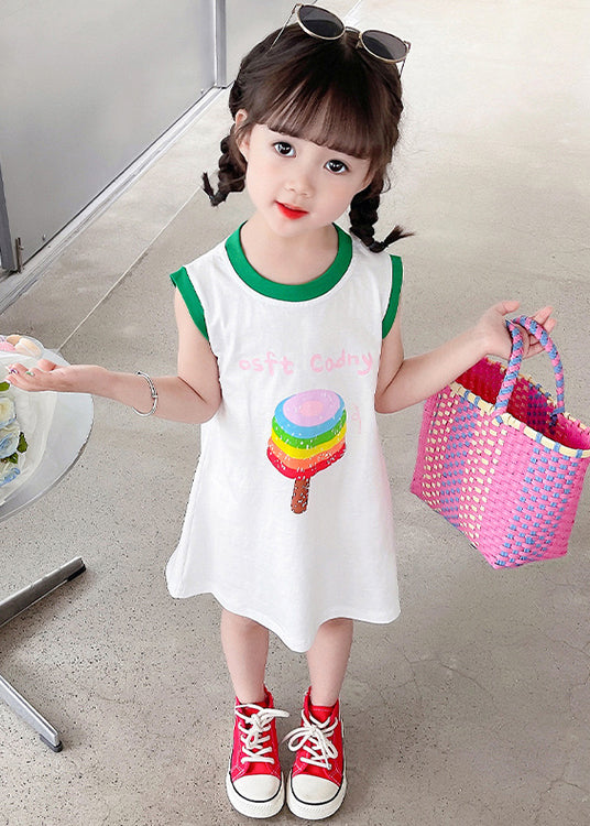 Simple White O Neck Print Cotton Girls T Shirt Dress Sleeveless TT017 MM-RCTZSDGM240816