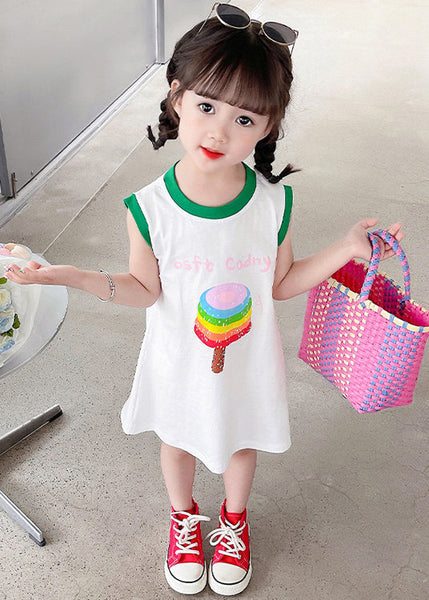 Simple White O Neck Print Cotton Girls T Shirt Dress Sleeveless TT017 MM-RCTZSDGM240816