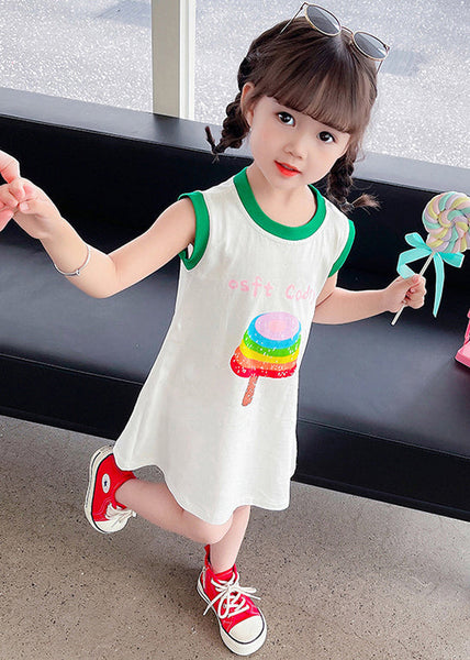 Simple White O Neck Print Cotton Girls T Shirt Dress Sleeveless TT017 MM-RCTZSDGM240816