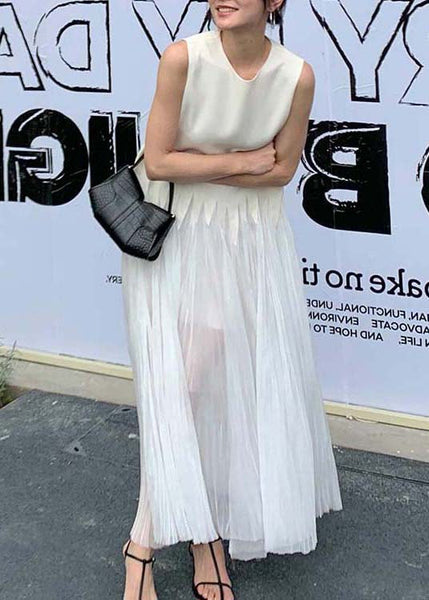 Simple White O Neck Wrinkled Silk Long Dress Sleeveless ZL064 SH-LF-SDL240621