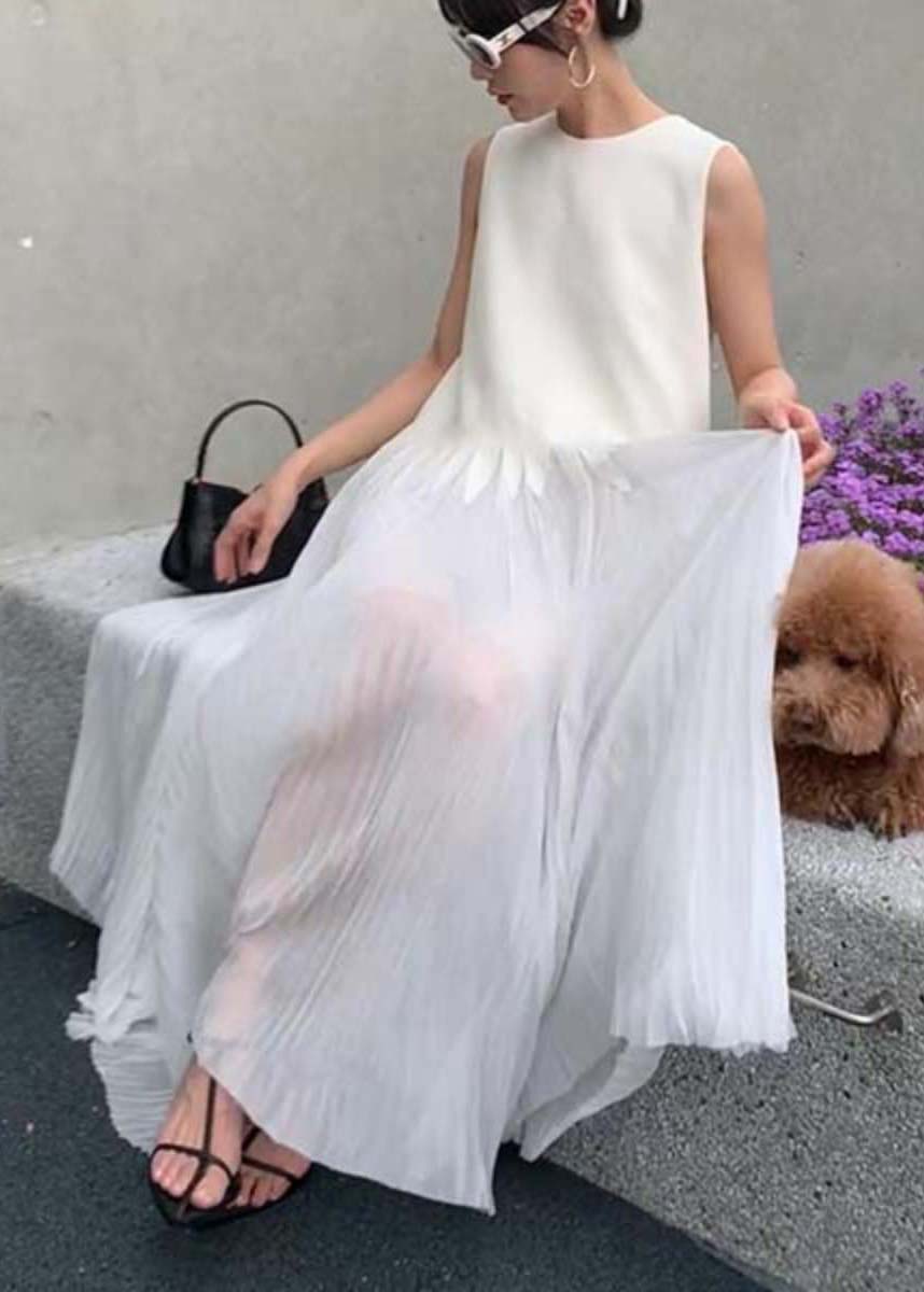 Simple White O Neck Wrinkled Silk Long Dress Sleeveless ZL064 SH-LF-SDL240621