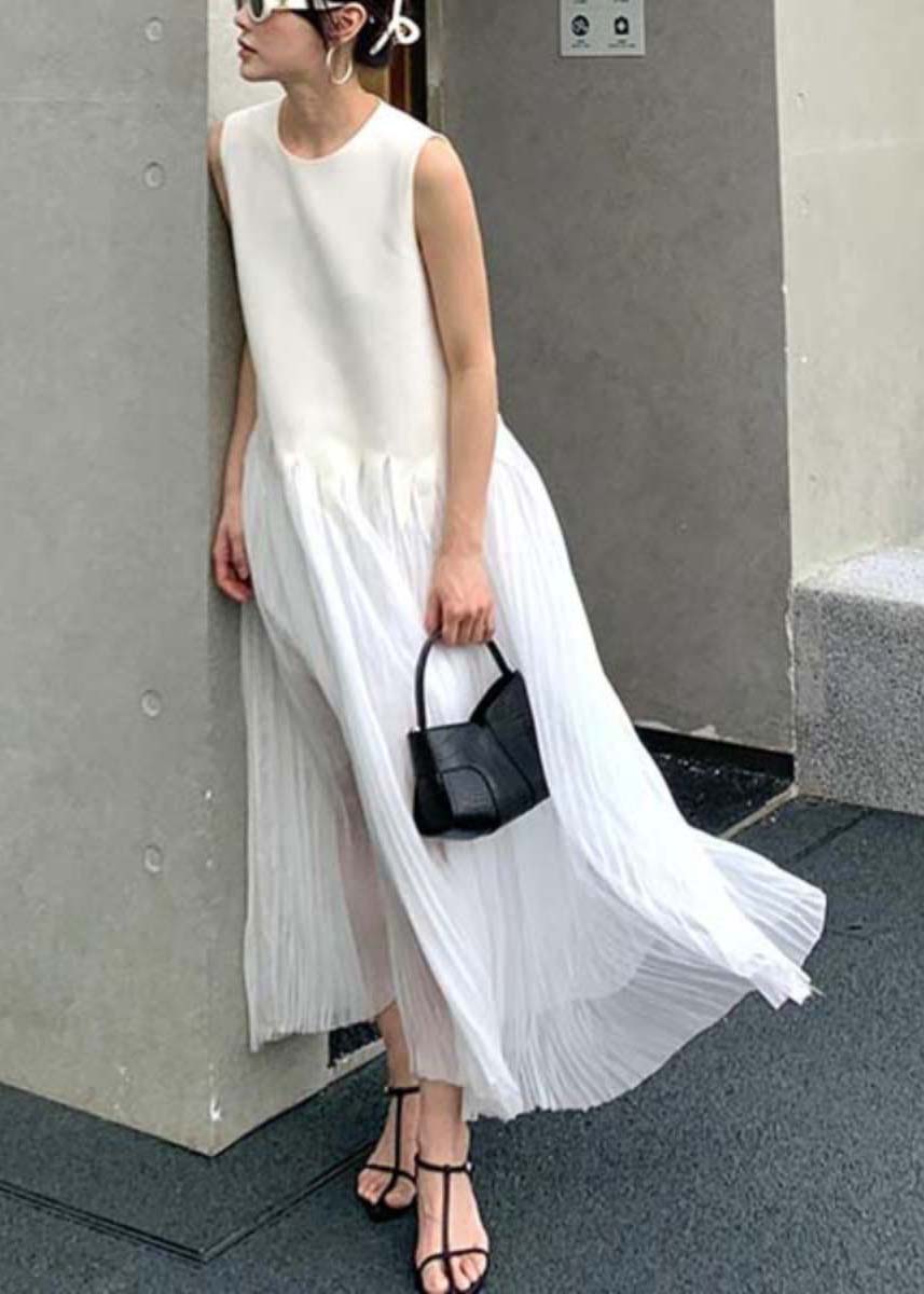Simple White O Neck Wrinkled Silk Long Dress Sleeveless ZL064 SH-LF-SDL240621