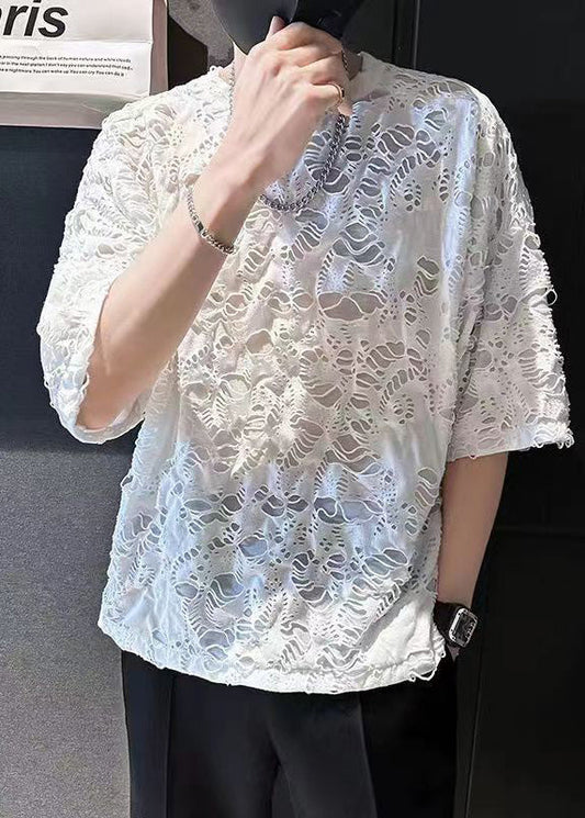 T Cotton Shirt Ripped Men Simple Summer Oversized White FashionChic
