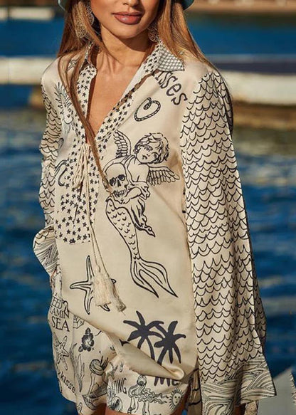 White Silk Two Oversized Set Summer Ice Print Simple Pieces FashionChic