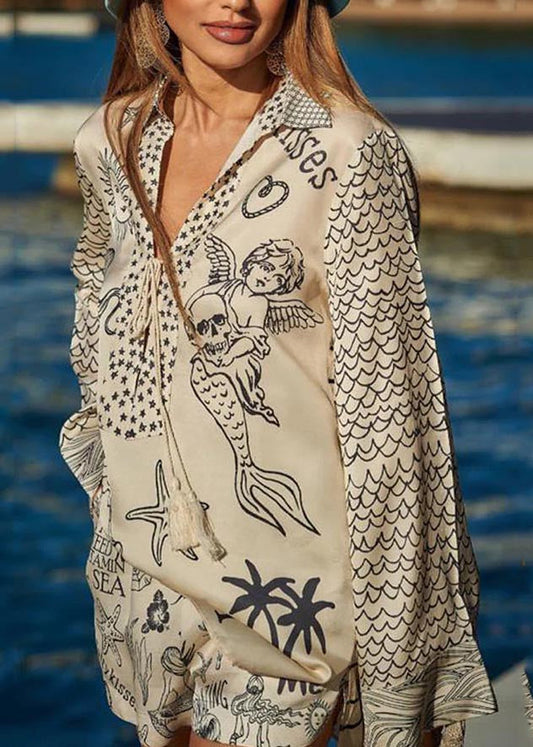 White Silk Two Oversized Set Summer Ice Print Simple Pieces FashionChic