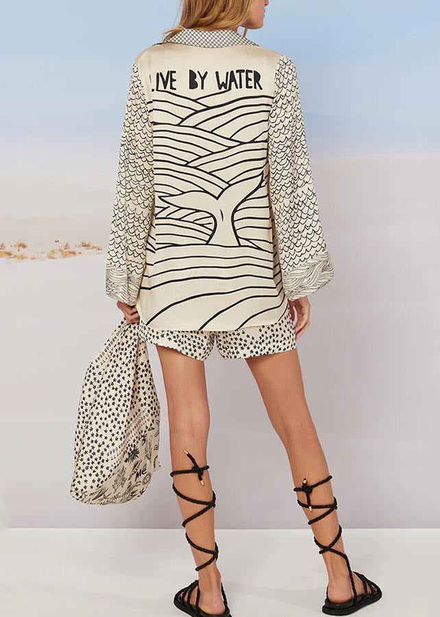 White Silk Two Oversized Set Summer Ice Print Simple Pieces FashionChic