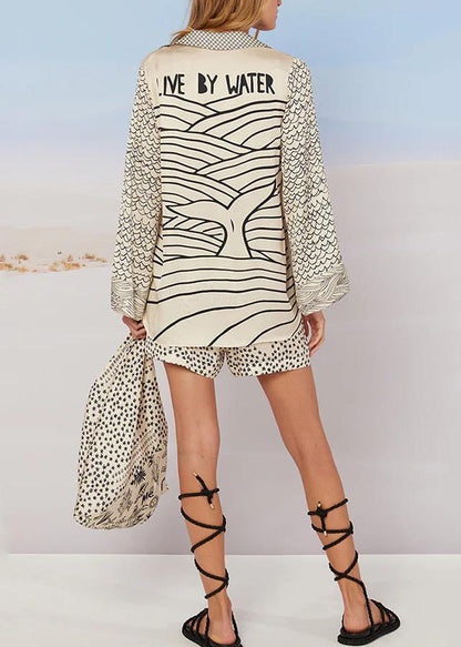 White Silk Two Oversized Set Summer Ice Print Simple Pieces FashionChic