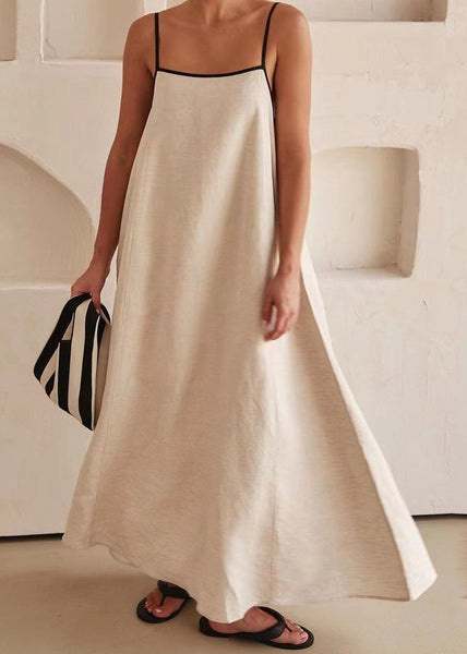 Long Simple Sleeveless White Strap Patchwork Spaghetti Dress FashionChic