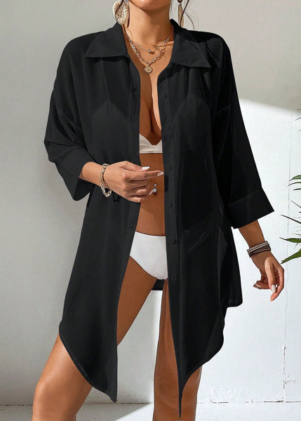 Simple White Peter Pan Collar Patchwork Button Chiffon Shirts Summer VC039 WM-Beach-LTP240615