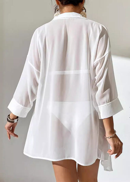 Simple White Peter Pan Collar Patchwork Button Chiffon Shirts Summer VC039 WM-Beach-LTP240615