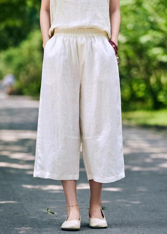 White Waist Crop Summer Linen Pants Simple Pockets Elastic FashionChic
