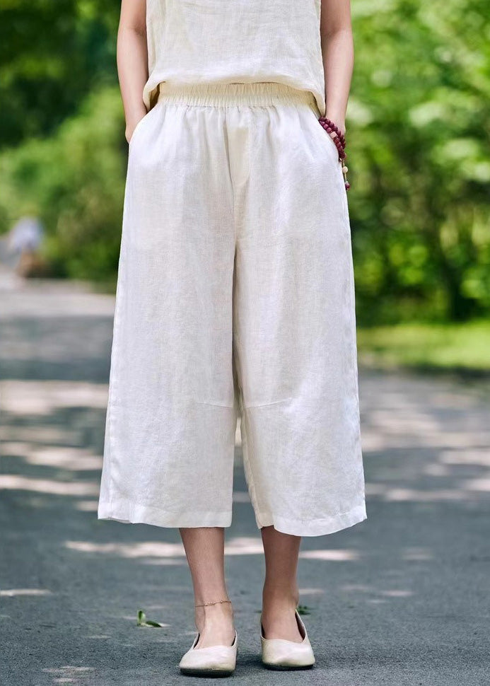White Waist Crop Summer Linen Pants Simple Pockets Elastic FashionChic