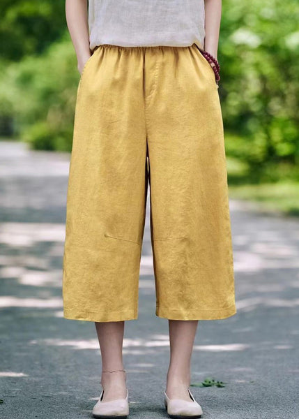 White Waist Crop Summer Linen Pants Simple Pockets Elastic FashionChic