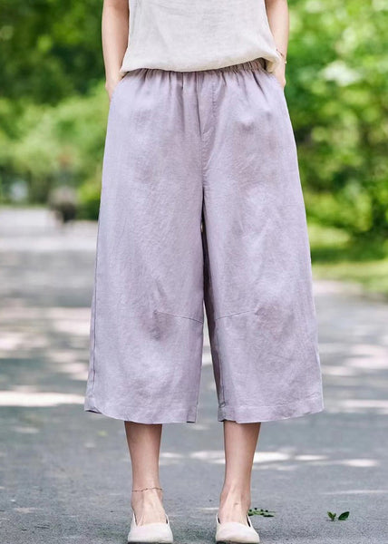 White Waist Crop Summer Linen Pants Simple Pockets Elastic FashionChic