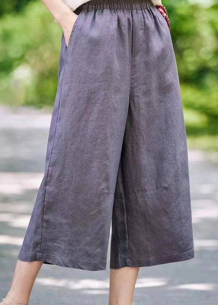 White Waist Crop Summer Linen Pants Simple Pockets Elastic FashionChic