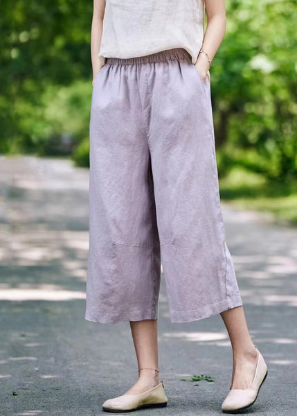 White Waist Crop Summer Linen Pants Simple Pockets Elastic FashionChic