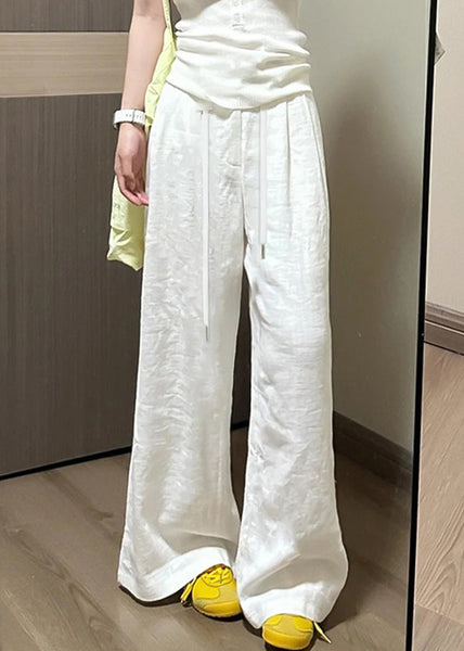 White Pockets Elastic Waist Pants Simple Fall Linen FashionChic