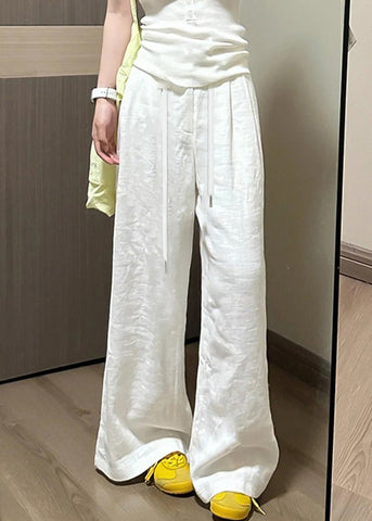 White Pockets Elastic Waist Pants Simple Fall Linen FashionChic