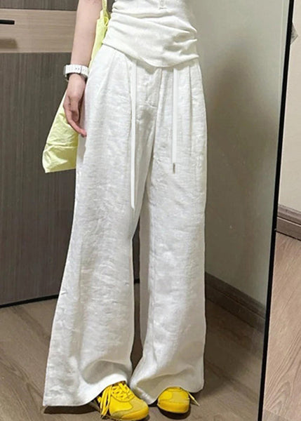 White Pockets Elastic Waist Pants Simple Fall Linen FashionChic