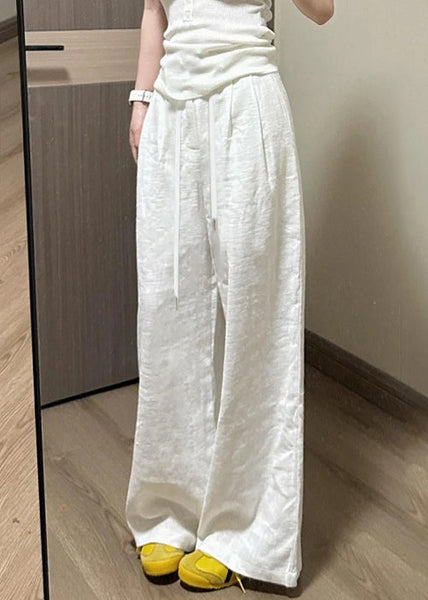White Pockets Elastic Waist Pants Simple Fall Linen FashionChic
