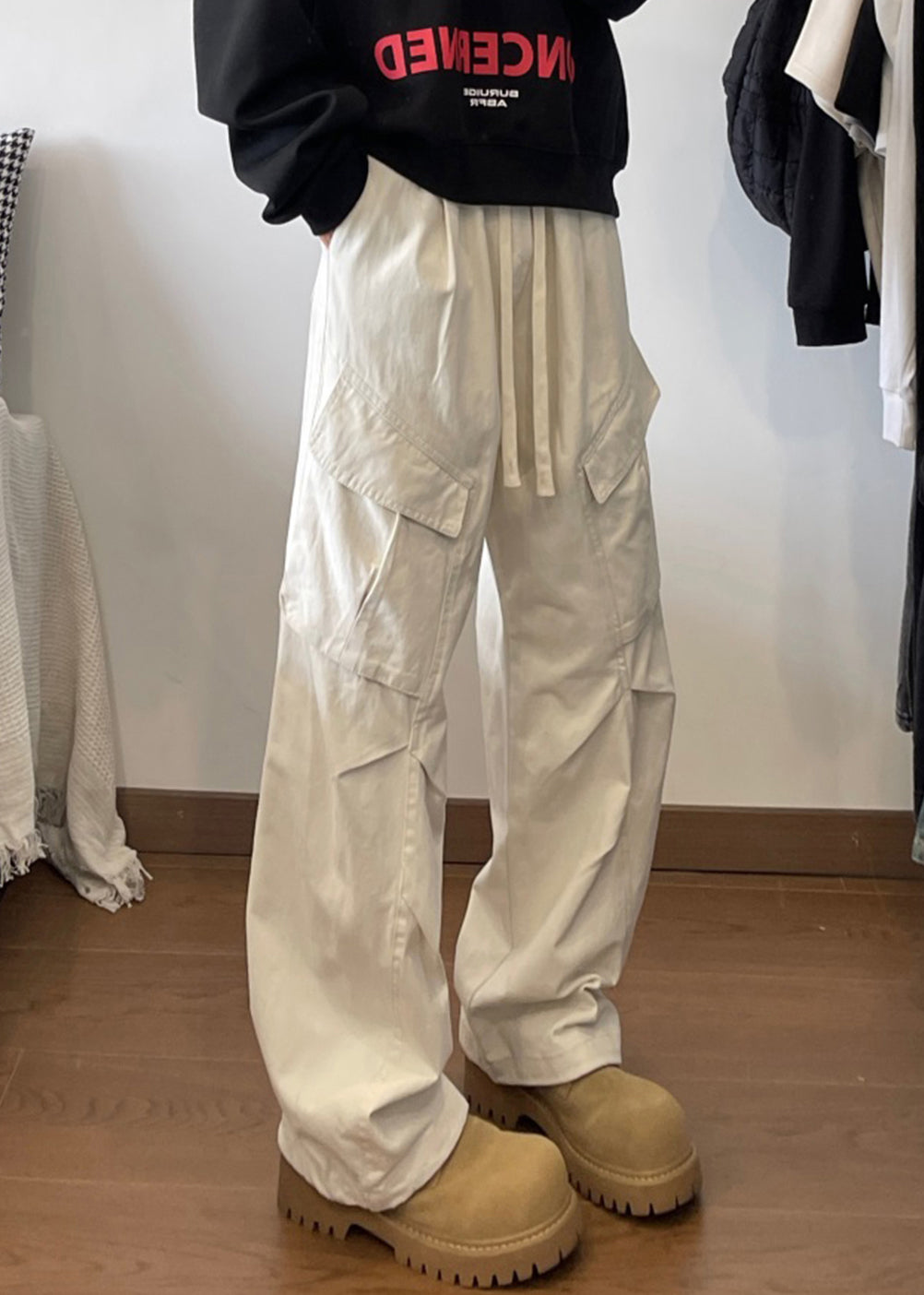 Waist Pants Men Elastic White Lace Pockets Up Cotton Simple FashionChic