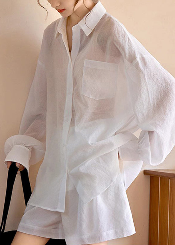 Simple White Pockets Shirts And Shorts Two Piece Suit Set Long Sleeve WW038 OL-TPIEC240812