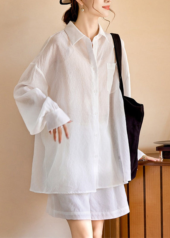 Simple White Pockets Shirts And Shorts Two Piece Suit Set Long Sleeve WW038 OL-TPIEC240812