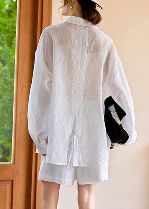 Simple White Pockets Shirts And Shorts Two Piece Suit Set Long Sleeve WW038 OL-TPIEC240812