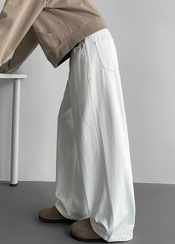 Wide Mens Leg Simple Pockets Fall Pants White Denim Solid FashionChic