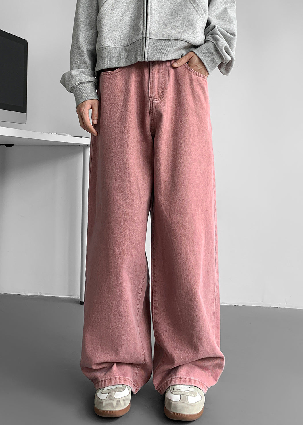 Wide Mens Leg Simple Pockets Fall Pants White Denim Solid FashionChic