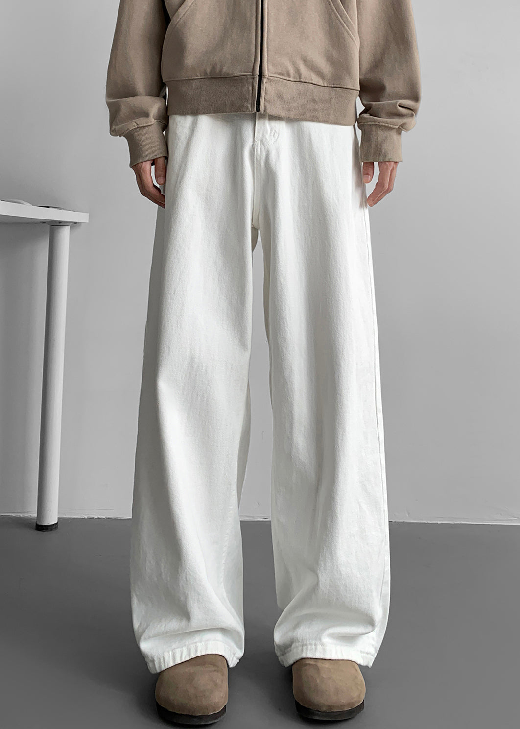 Wide Mens Leg Simple Pockets Fall Pants White Denim Solid FashionChic