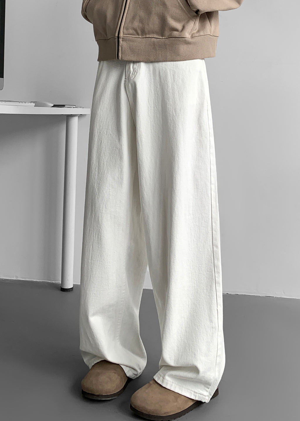 Wide Mens Leg Simple Pockets Fall Pants White Denim Solid FashionChic